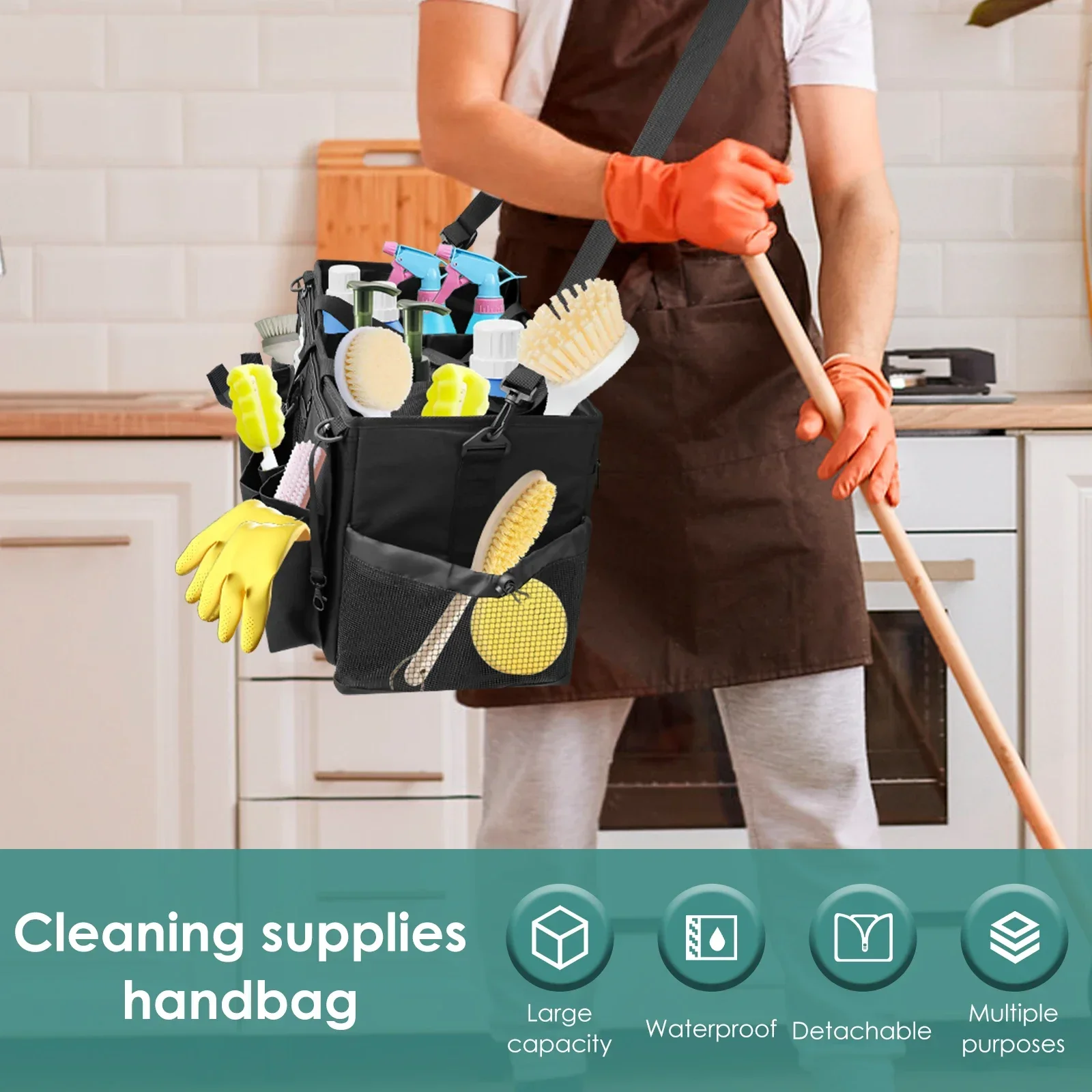 Cleaning Caddy Bag Nylon Tear Resistant Cleaning Tool Organizer Bag with Shoulder Strap Large Capacity Cleaning Supplies Handbag