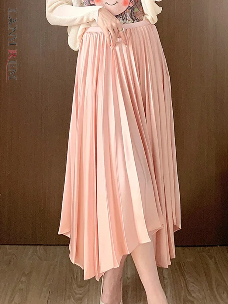 LANMREM Irregular Design Pleated Skirt For Women High Waist A-line Solid Color Mid Length Skirts Casual 2024 Summer New 2AA5221