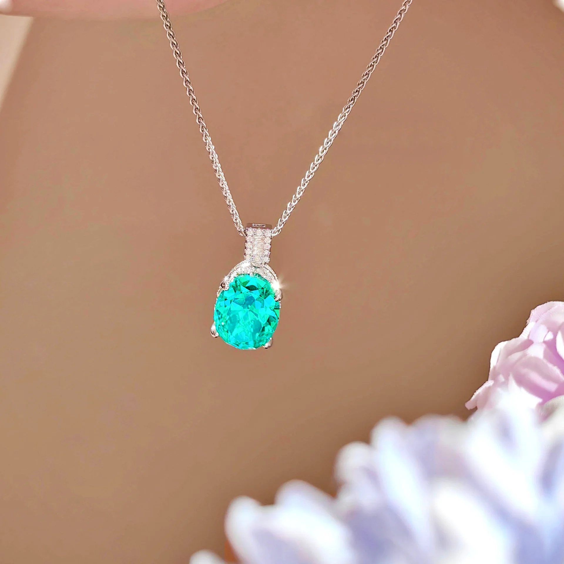 925 Sterling Silber Urlaubs-Halskette mit Transparentem Taubenei-Anhänger, Luxuriöse Einzigartige Exquisite Funkelnde Mintgrüne Kette – Detail 6