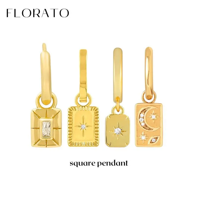 

925 Sterling Silver Ear Needle Square Brand Pendant Zircon Hoop Earrings For Women Vintage Punk Earrings Fashion Party Jewelry