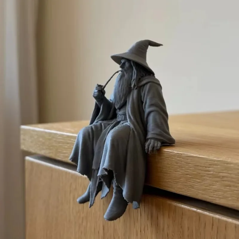 3D Printed Grey Sitting Wizard Statue Edge Sitting Figurine PLA Desktop Ornament for Shelf Home Office Fantasy Decor Gift