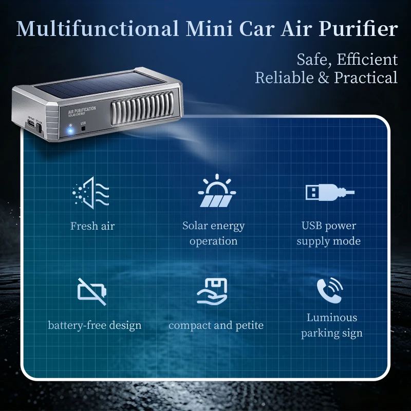 Solar-powered car air purifier, battery-free, works by exposure to sunlight, ozone eliminates odor, purifies and disinfects