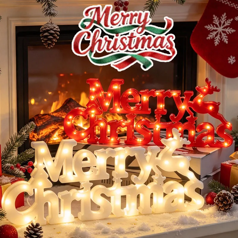 1-2PCS 3D Merry Christmas Letter Light Christmas Wreath Decoration Light Up Holiday Home Door Wall Party Decor