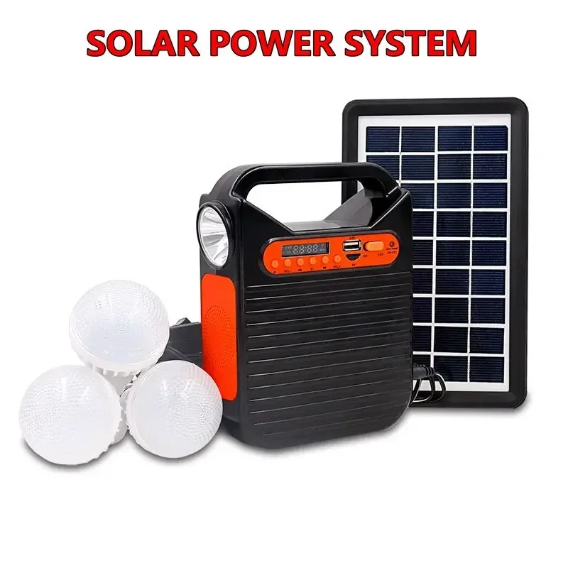 25W Solar Powered System Emergency DC System Light Kit Solar Generator FM Radio Audio USB Card Power Generation with Solar Panel