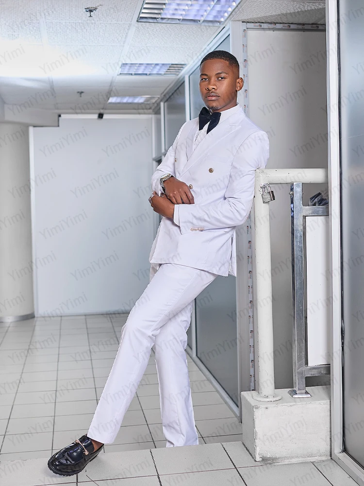 Abiti da uomo eleganti da sposa con risvolto a punta doppio petto abito da sposo bianco blazer giacca civile africana set da ballo slim personalizzato