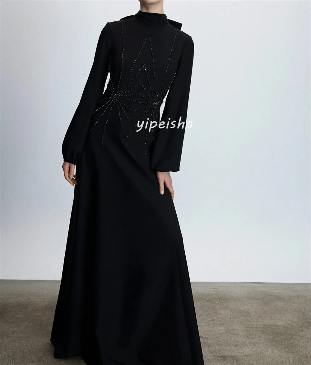 Customized High Quality Jersey Pleat Ruched Rhinestone A-line High Collar Long Dresses Bespoke Occasion Dresses Elegant Fashion