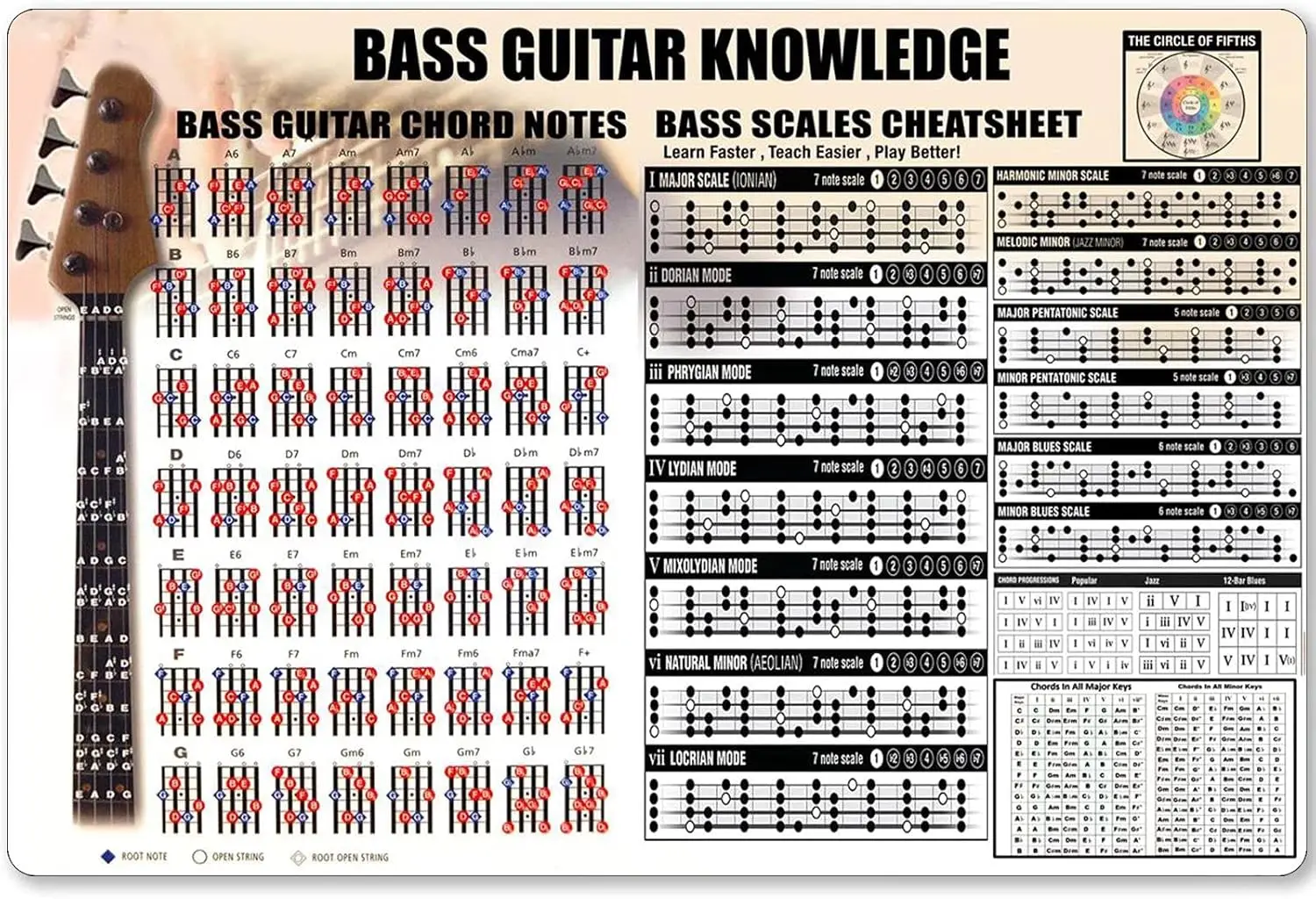 Bass Guitar Knowledge Metal Sign Bass Guitar Chord Notes Tin Poster Musical Instrument Infographic Home Kitchen Club School Cafe