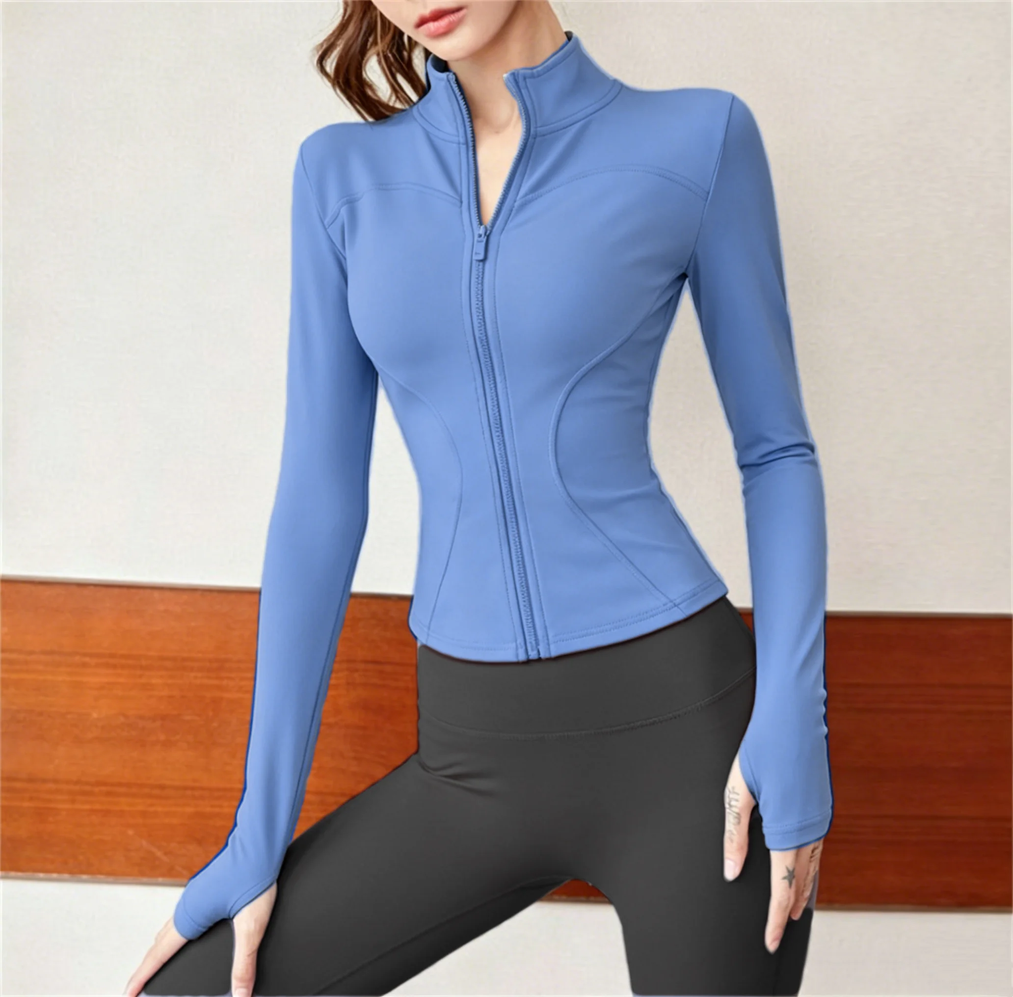 Slim Long Sleeve Sports Jacket Women Solid Stand Collar Zipper Yoga Coat Fshion Athletic Clothes Lady Coats For Cycling Running