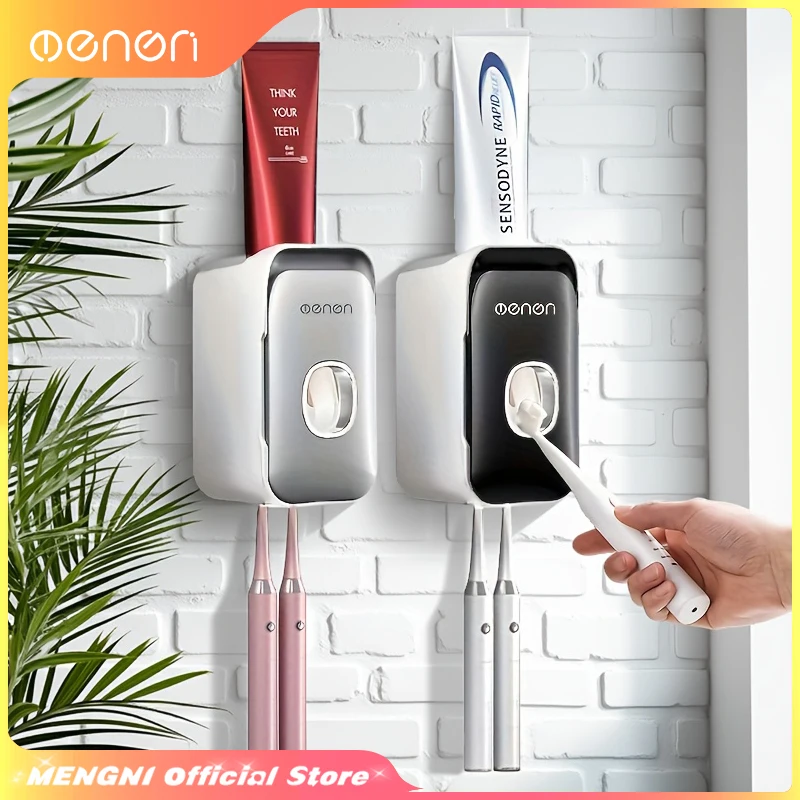 MENGNI Toothpaste Dispenser Wall-Mounted Bathroom Toothpaste Squeezer Punch-Free Toothbrush Holder Rack manual operation