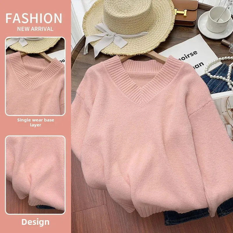 Pink V-Neck Soft Supple Sweater Women's Autumn/Winter Thickened Warm Idle Style Loose-Fit Outer Wear Knitted Top Women's Top