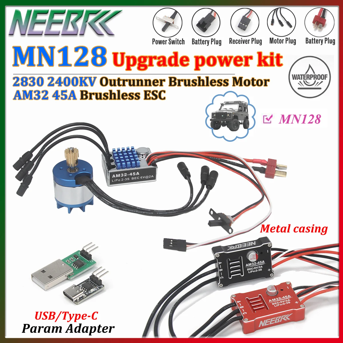 

MN128 Upgrade Kit 2830 2400KV Outrunner Brushless Motor AM32 45A ESC Parameter Adjuster for 1/12 RC Crawler Car Model Power kit