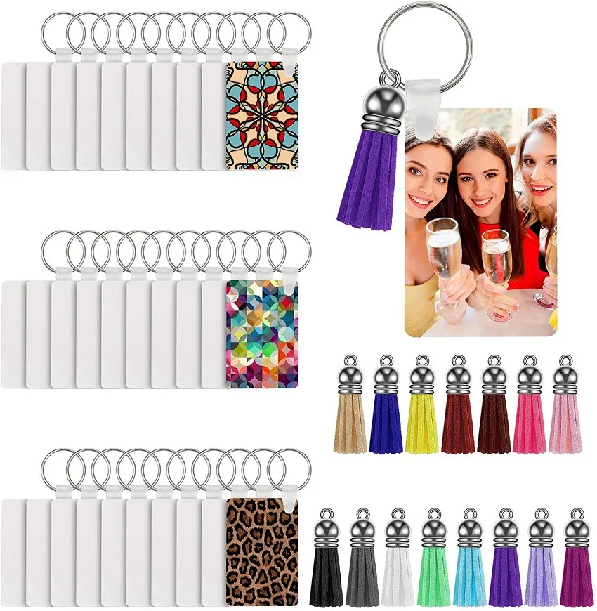 

80Pcs Sublimation Blank Keychain Ornament Tag Set MDF Heat Transfer Keychain with Tassels for DIY Art Craft Ornaments Office Tag