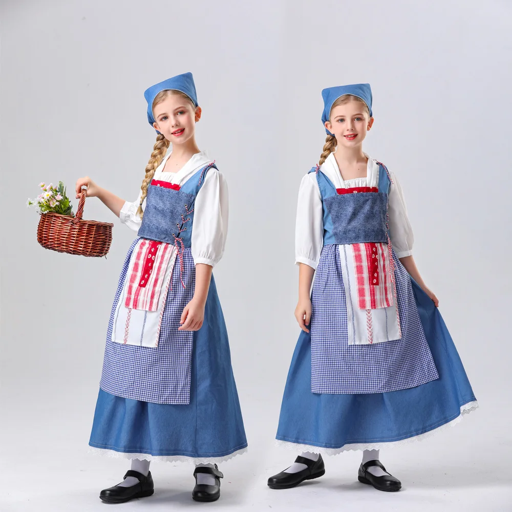 

Костюм на Хэллоуин для детей, платье фермерской горничной в европейском сельском стиле, также можно использовать в качестве наряда экономки или горничной