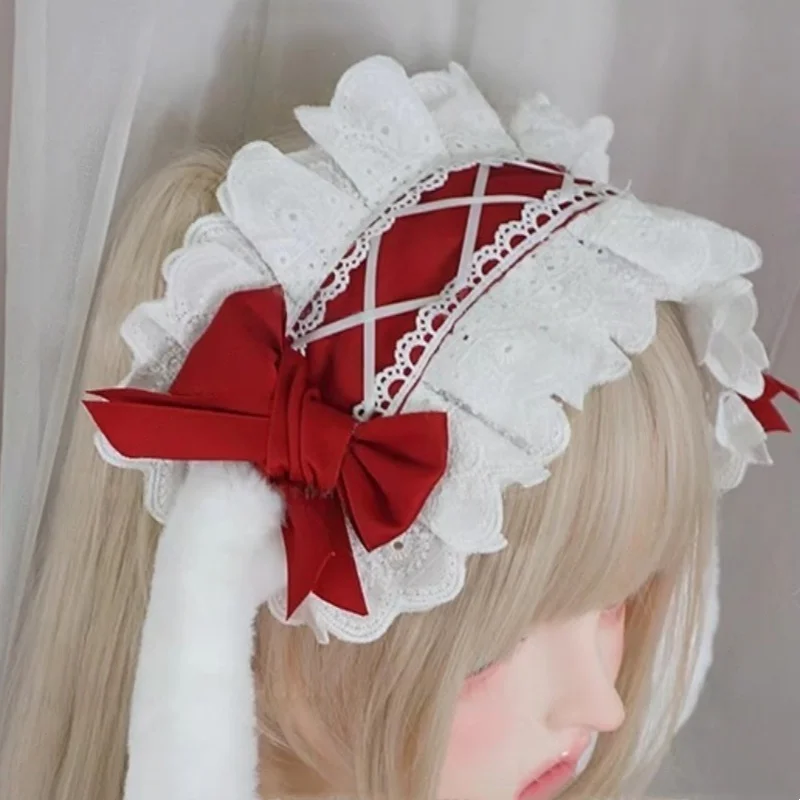 New Original Handmade Harajuku Strawberry Headpiece Lolita Japanese Sweet Bow Rabbit Ears KC Headband Maid Cute Hair Accessory