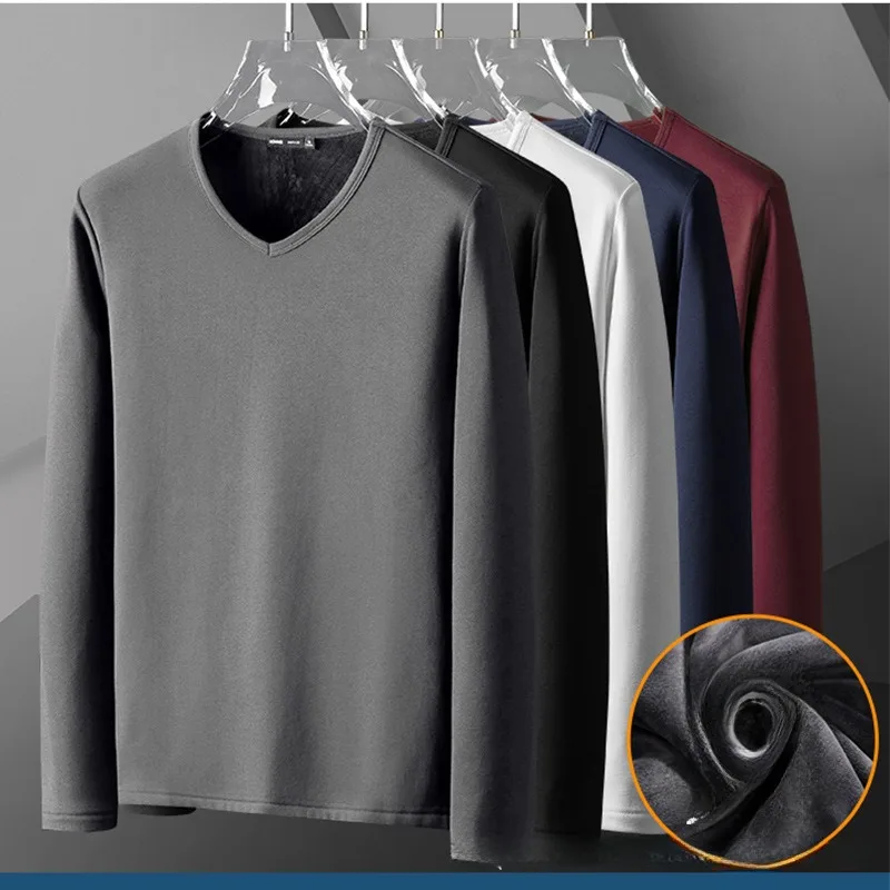 Winter Men Thermal Underwear Long Sleeved Warm Fleece T-shirt Velet T-shirt Solid Color V-Neck Tops Winter Slim Warm T-shirt