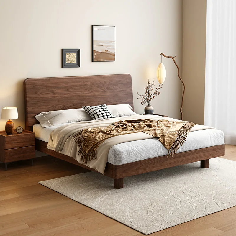 Retro dark whole board bedside, thickened solid wood keel, stable load-bearing, silent and breathable floor bed frame