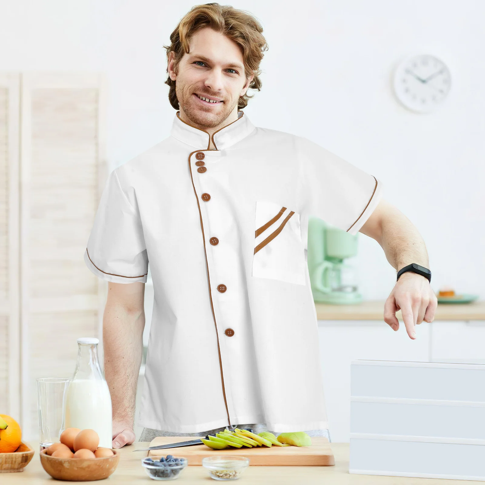 Unisex koksjas met korte mouwen, wit, maatbestendig, duurzaam cateringuniform voor restaurant, hotelkeuken, werkkleding