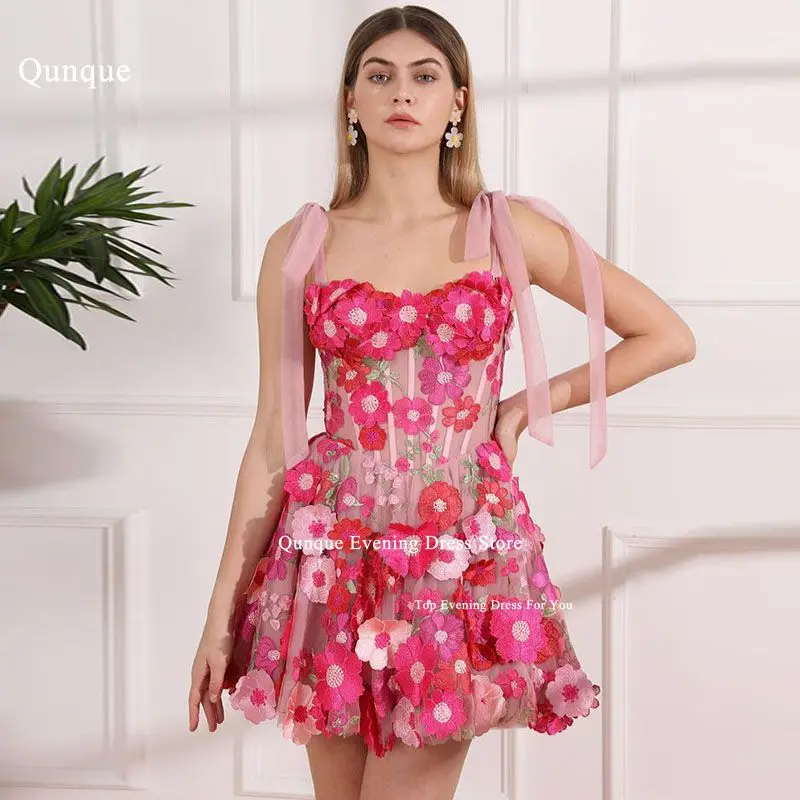 

Qunque Plus Size Mini Evening Dress вечернее платье Detachable Spaghetti Straps Customize Floral Flowers Party Gowns Prom Dress