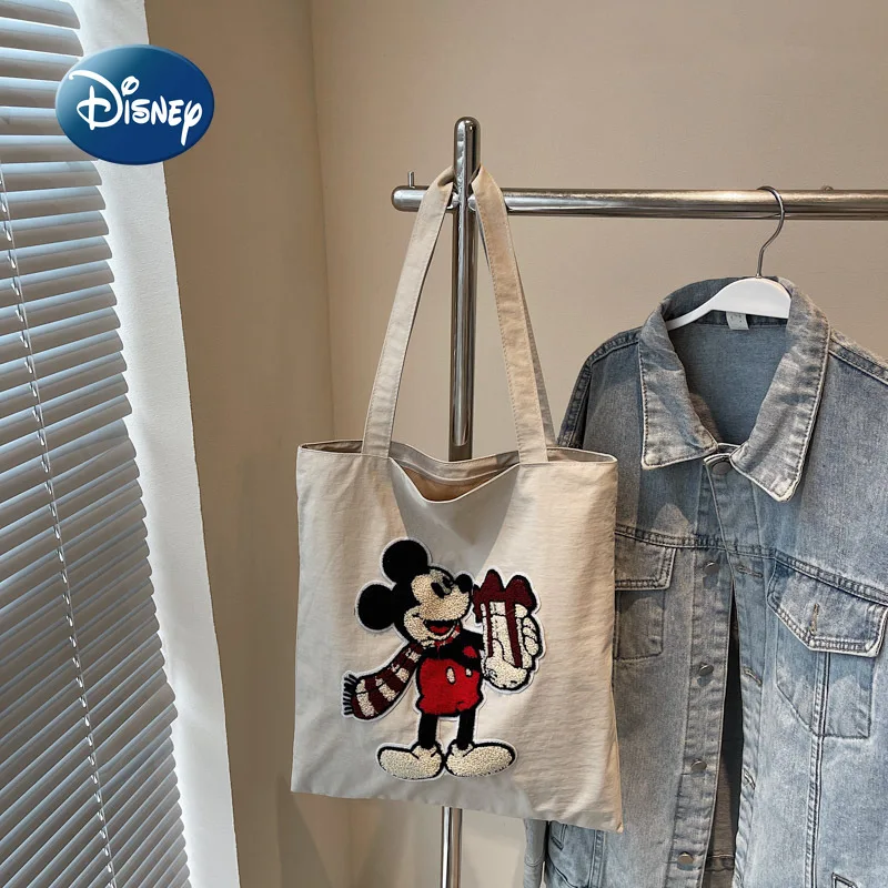 Disney Mickey New Canvas Handbag Cartoon Cute Embroidery Fashion Women's Shoulder Bag Large Capacity Cute Women's Handbag