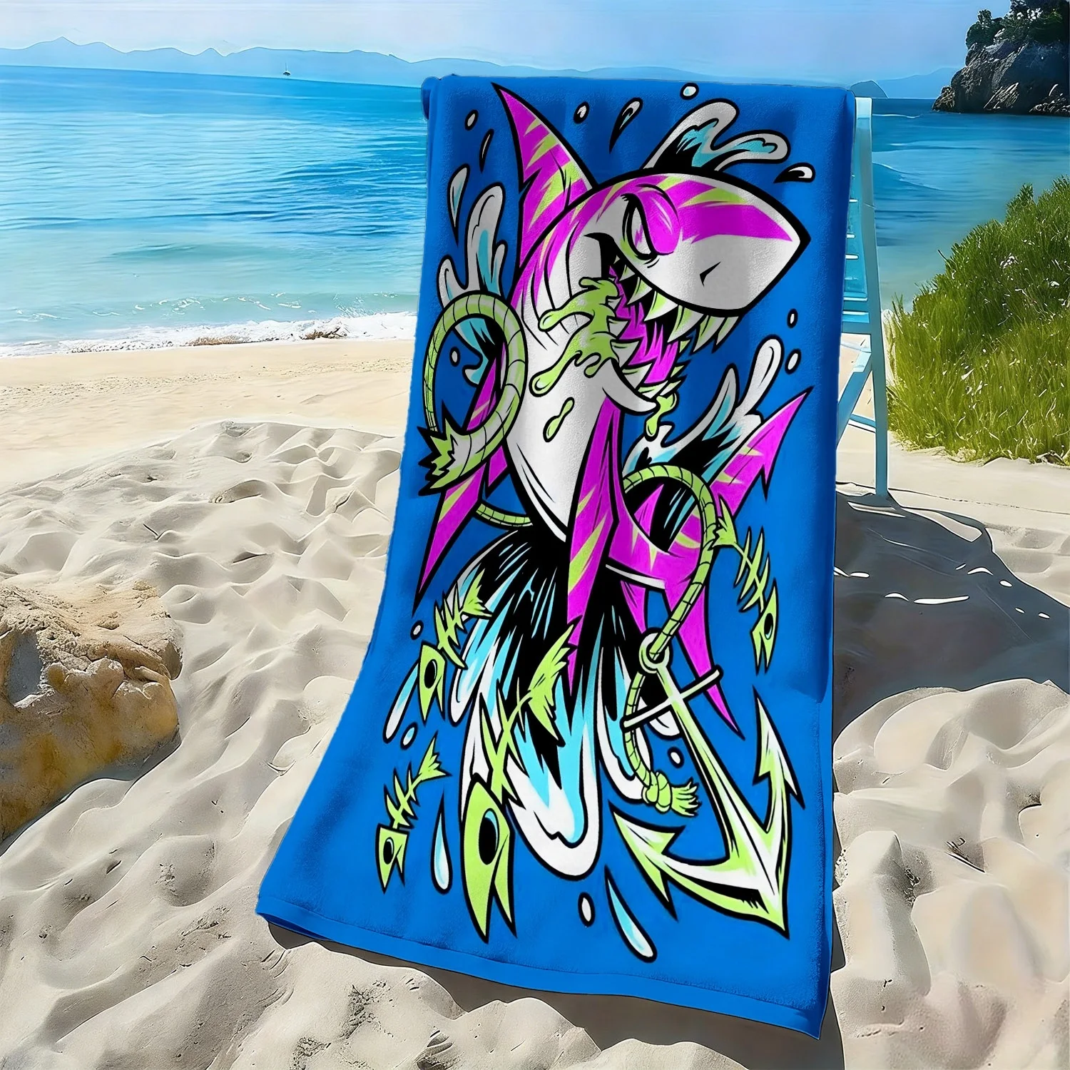 Cool Punk Shark Beach Towel 31.5x63 Inch Anchor Fish Bone Graffiti Microfiber Soft Quick Dry Summer Bath Towel