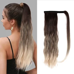 Long Wavy Ponytail Blonde Brown Ombre PonyTail Wrap Around Clip in Hair Extensions Hairpiece for Black Women Afro Heat Resistant