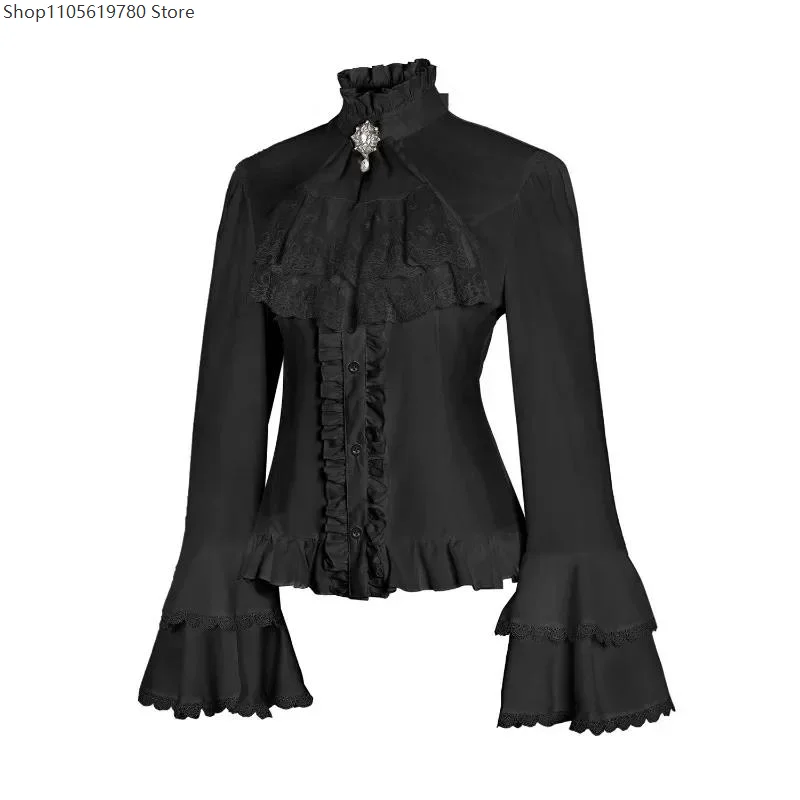 Lolita Lace Shirt Ruffle High Collar Button Up Shirt Long Sleeves Women Gothic Blouse Tops Jabot Tie Halloween Victorian Costume