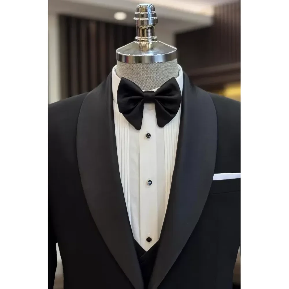 Black Suits for Men Elegant Shawl Lapel One Button Male Suit Slim (Jacket+Vest+Pants) Banquet Prom Wedding Party Tuxedo 3 Piece