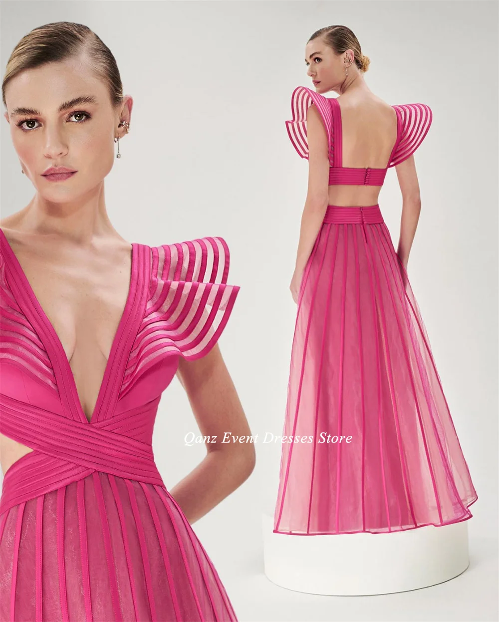 Qanz Fuchsia A Line Prom Dresses Vestidos De Gala Cape Sleeves Floor Length Evening Gowns Special Occasion Dresses Customized