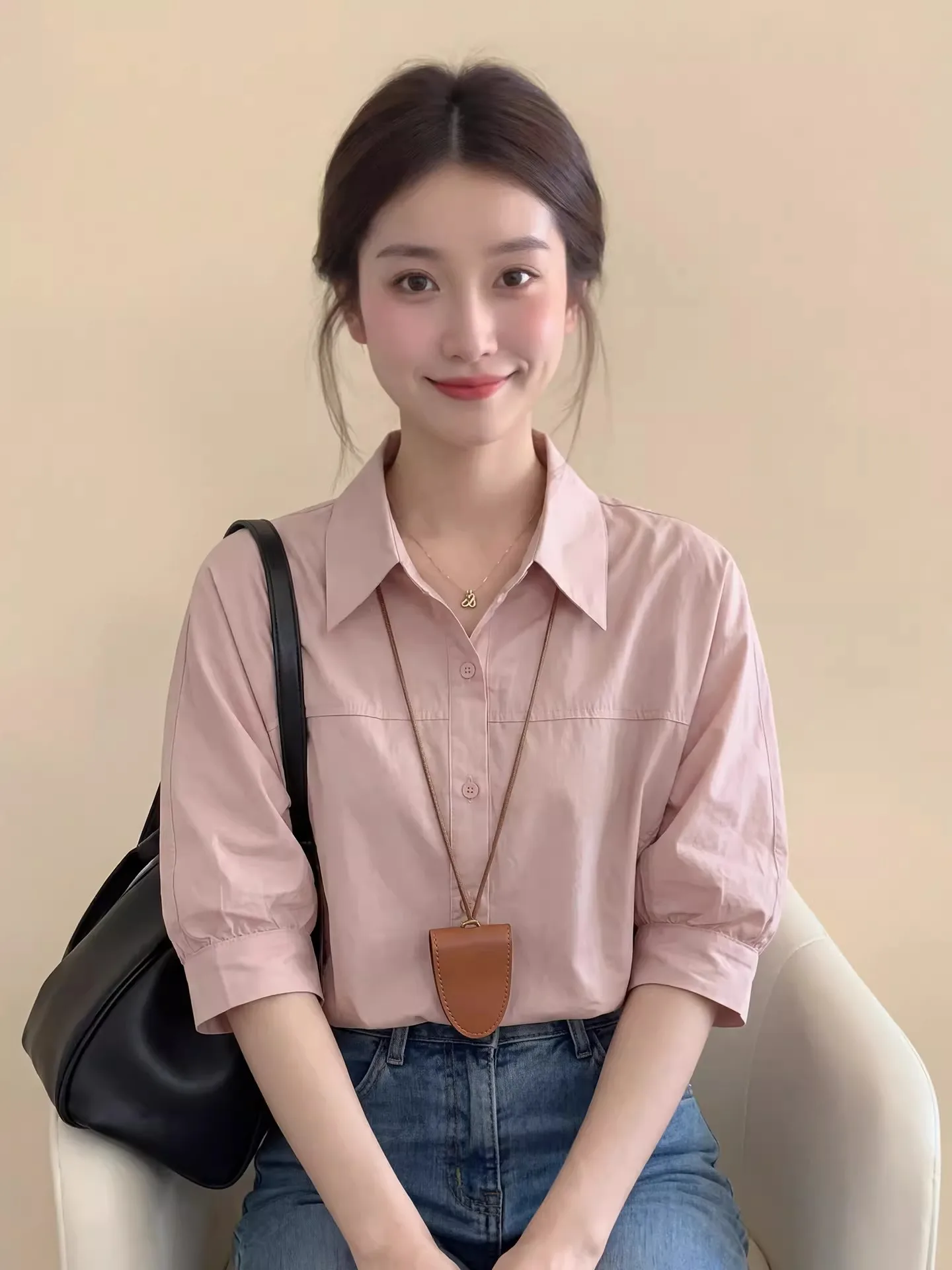 Pink Bubble Short Sleeve Shirt Women's Commute Style Flip Collar Shoulder Length Shirt Casual Loose Fit Button Detail