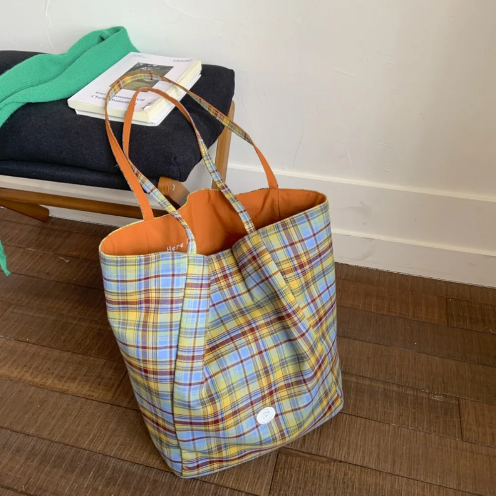

Casual Japanese Style Plaid Canvas Tote Bag Leisure Cloth Double Sided Shoulder Bag Commuting Versatile Lattice Handbag Student