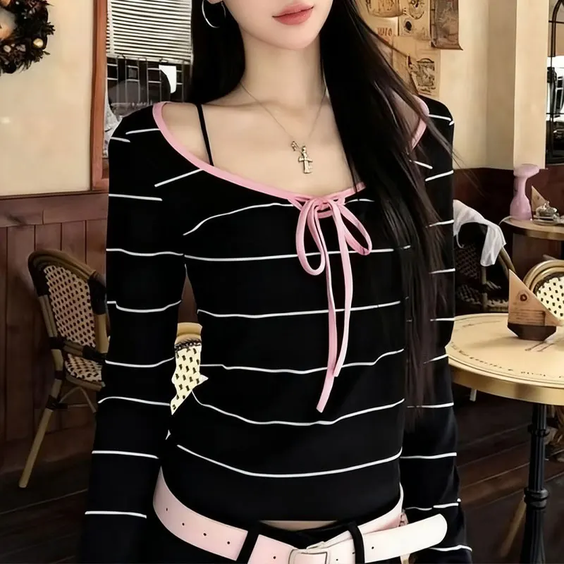 

Stylish American Drawstring Bow T-shirts Female Clothing Vintage V-Neck Autumn Basic Contrasting Colors Casual Slim Pullovers