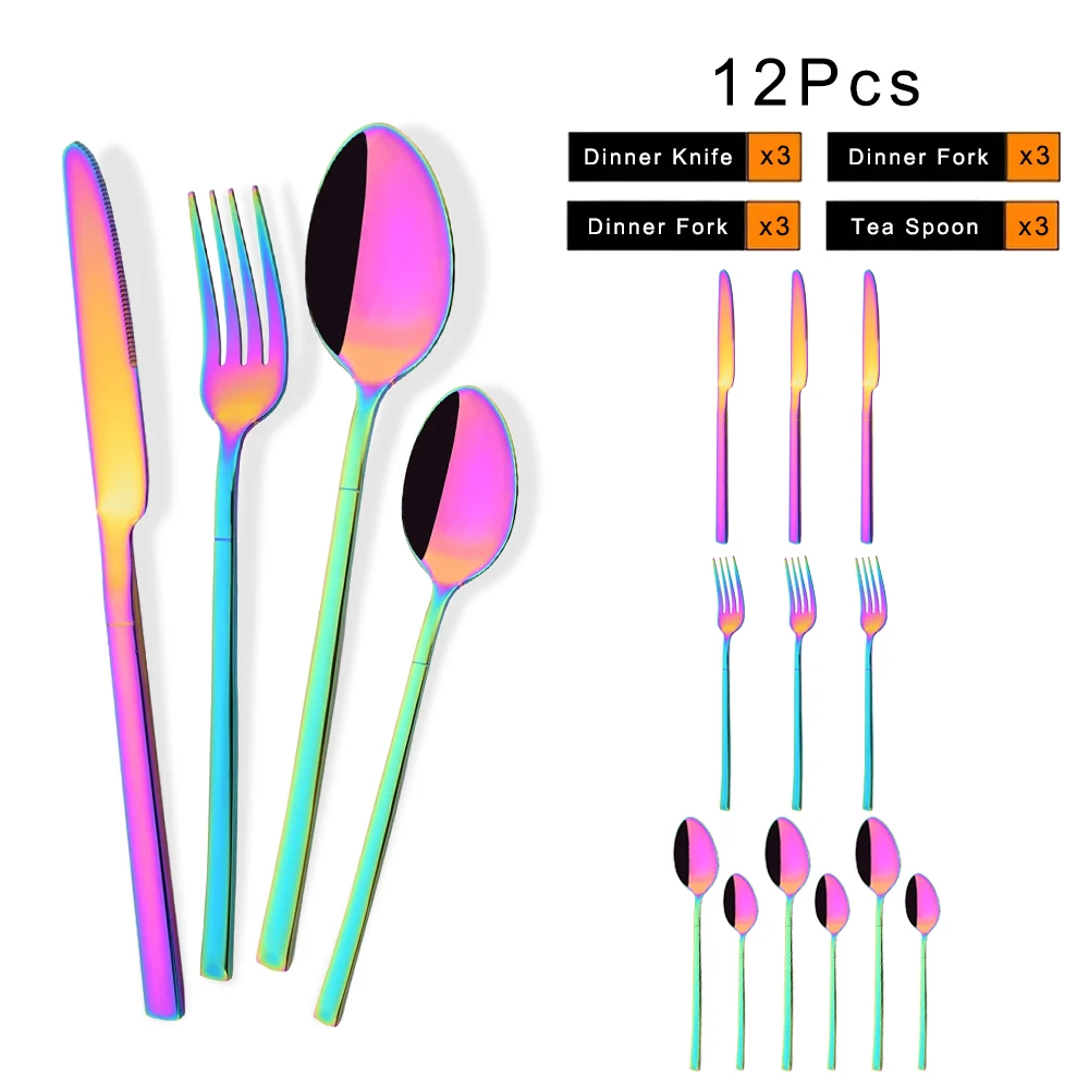 

12Pcs/Set Rainbow Wedding Cutlery Set Stainless Steel Tableware Knife Fork Spoon Dinnerware Set Kitchen Flatware Silverware