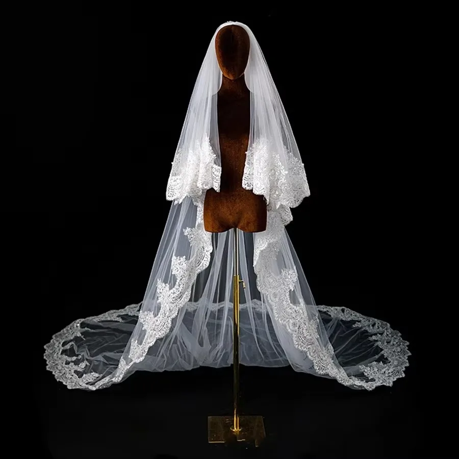 Customized White Ivory Cathedral Wedding Veils Beaded Crystals Bride Wedding Accessories Veu De Noiva Lace Appliques Veils