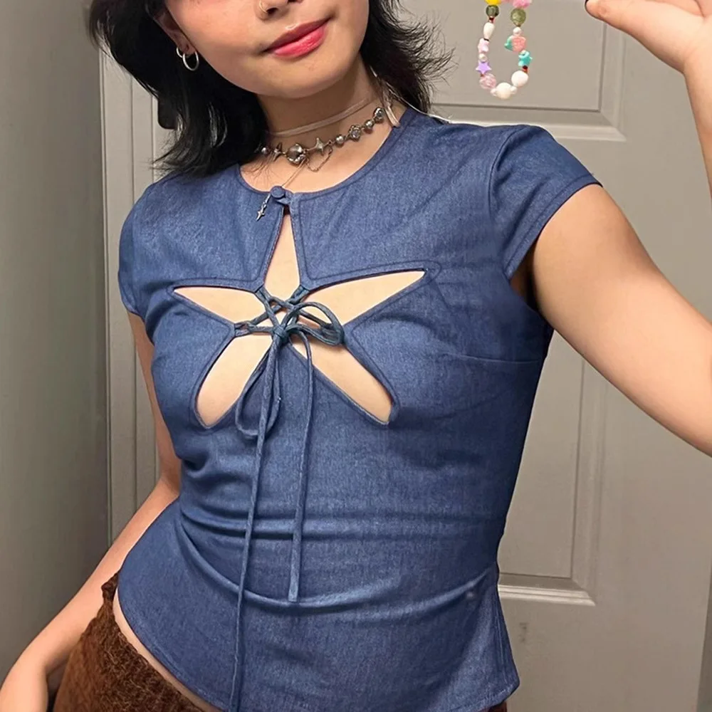 

Summer American Style Hot Trendy Ins Star Hollow Out Tie Top Fashion Slim Fit Sexy Girl Women's T-Shirt