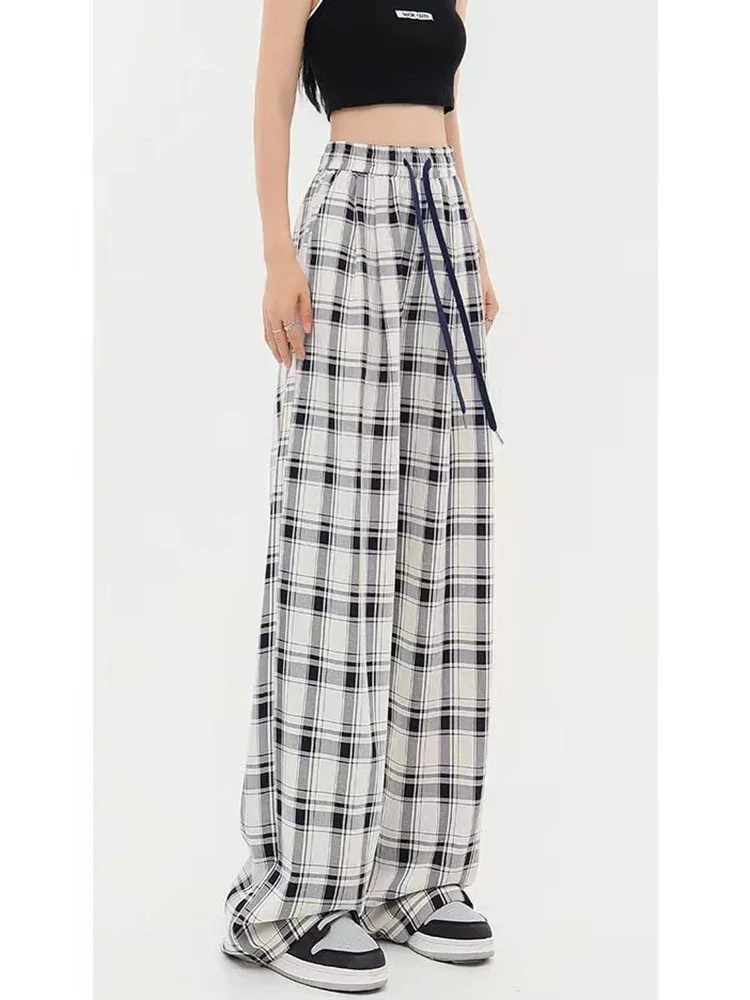 Vintage vrouwen losse geruite broek hoge taille casual kanten wijde pijpen broek Koreaanse retro alle match vrouwelijke zomerbroek