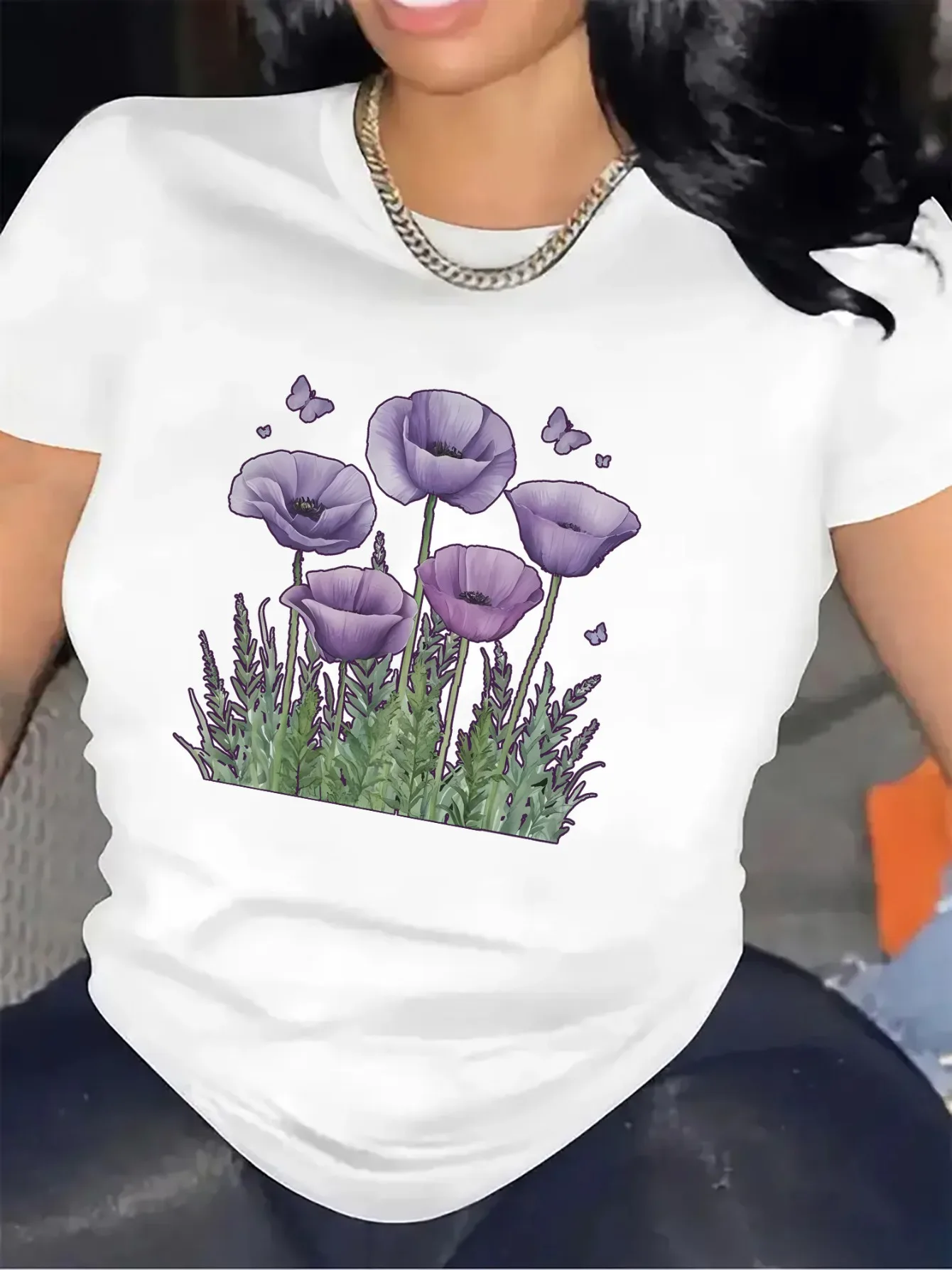 Short Sleeve T-Shirt with Purple Poppy Flower Design Fabric Perfect for Casual Wear At Home or Outdoors Aesthetic Clothes