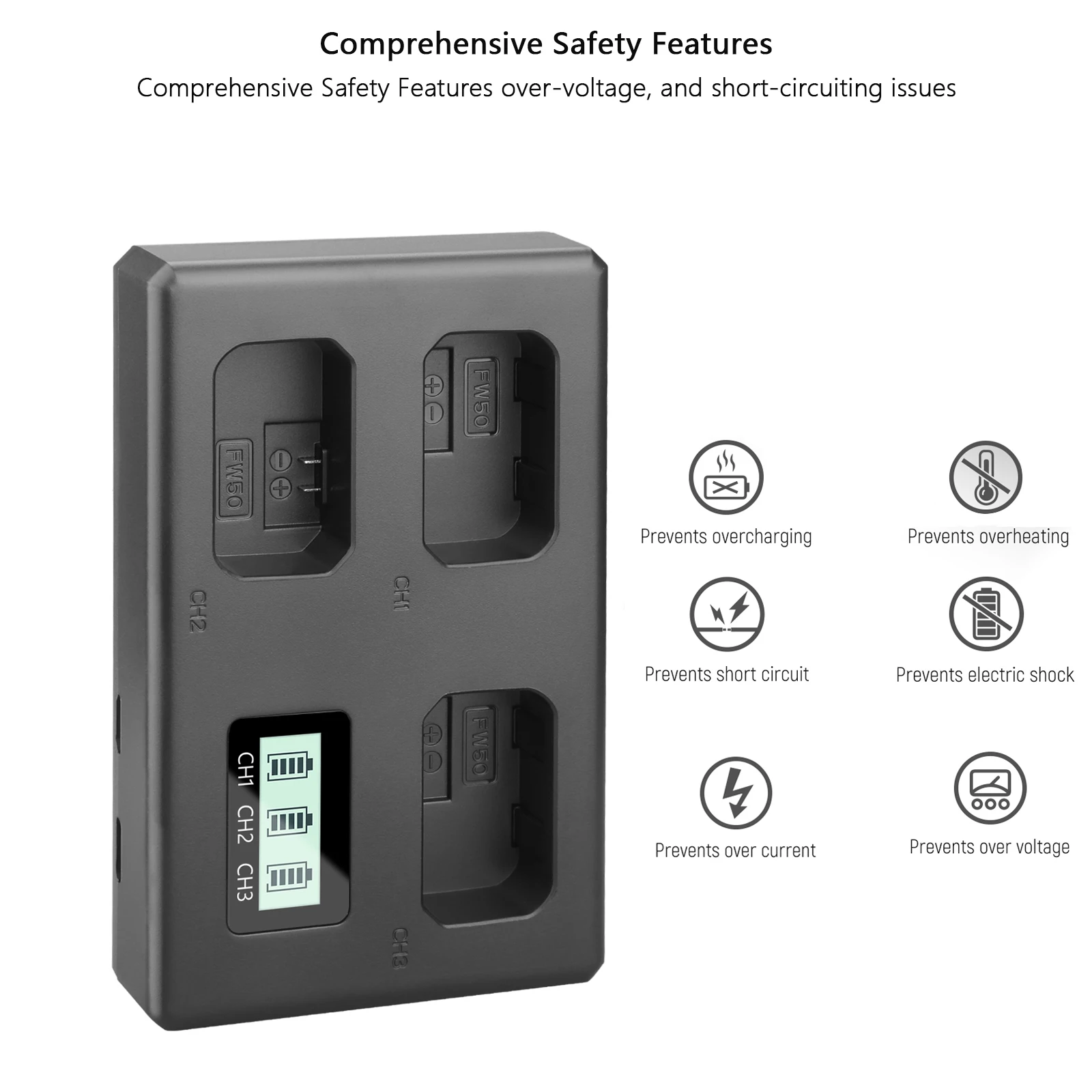 NP-FW50 NPFW50 Battery Charger 3 Slot Charger for Sony Alpha ZV-E10 A6400 A6500 A6300 A6000 A7 A7R A7RII A7II A7SII A7S A7RII