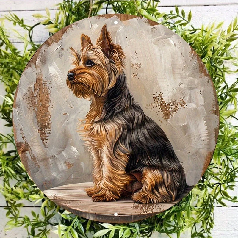 Round Aluminum Metal Sign Wall Decor, Sitting on Wooden Plaque, Waterproof, Weather Resistant, Easy Hanging, Yorkshire Terrier