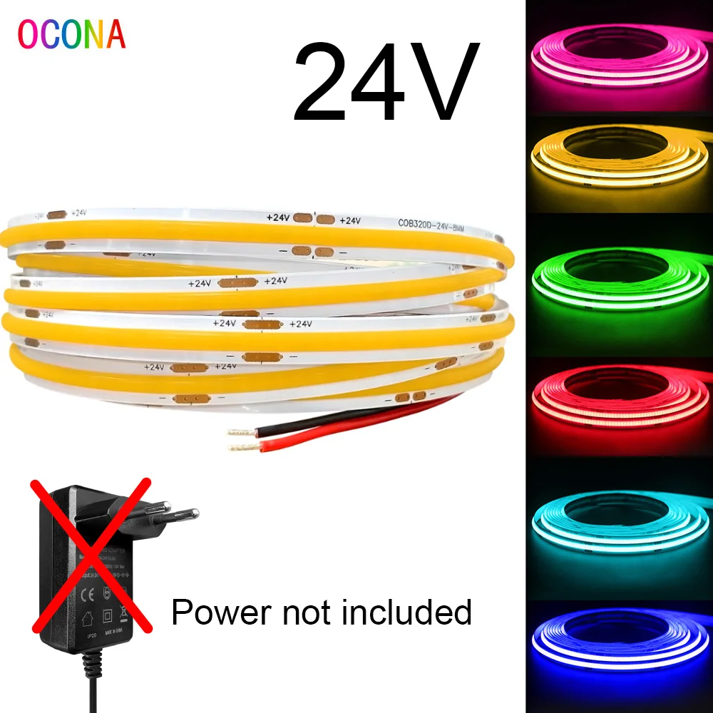 DC 24V Colour COB LED Strip Lights For Room 8mm 480LED/m High Density 5m 10m Flexible LED Tape Light Ribbon Red Blue Green Pink