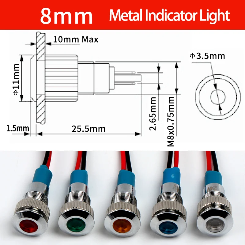 5Pcs สีสันสดใส Led กันน้ำโลหะโลหะด้วยสายไฟหมุดเกลียว Mini สัญญาณ220vac 24vdc 6 8 10 12 16 19 22มม.