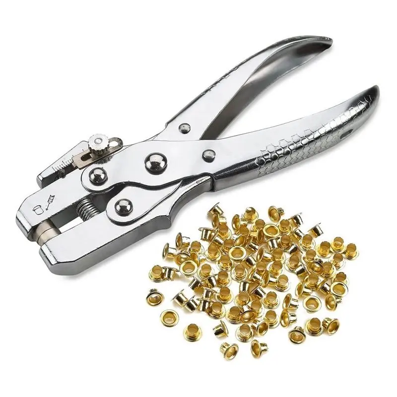 ABMH-Eyelet Grommet Pliers Kit 1 Hole Punch 100 Gold Grommets 5Mm