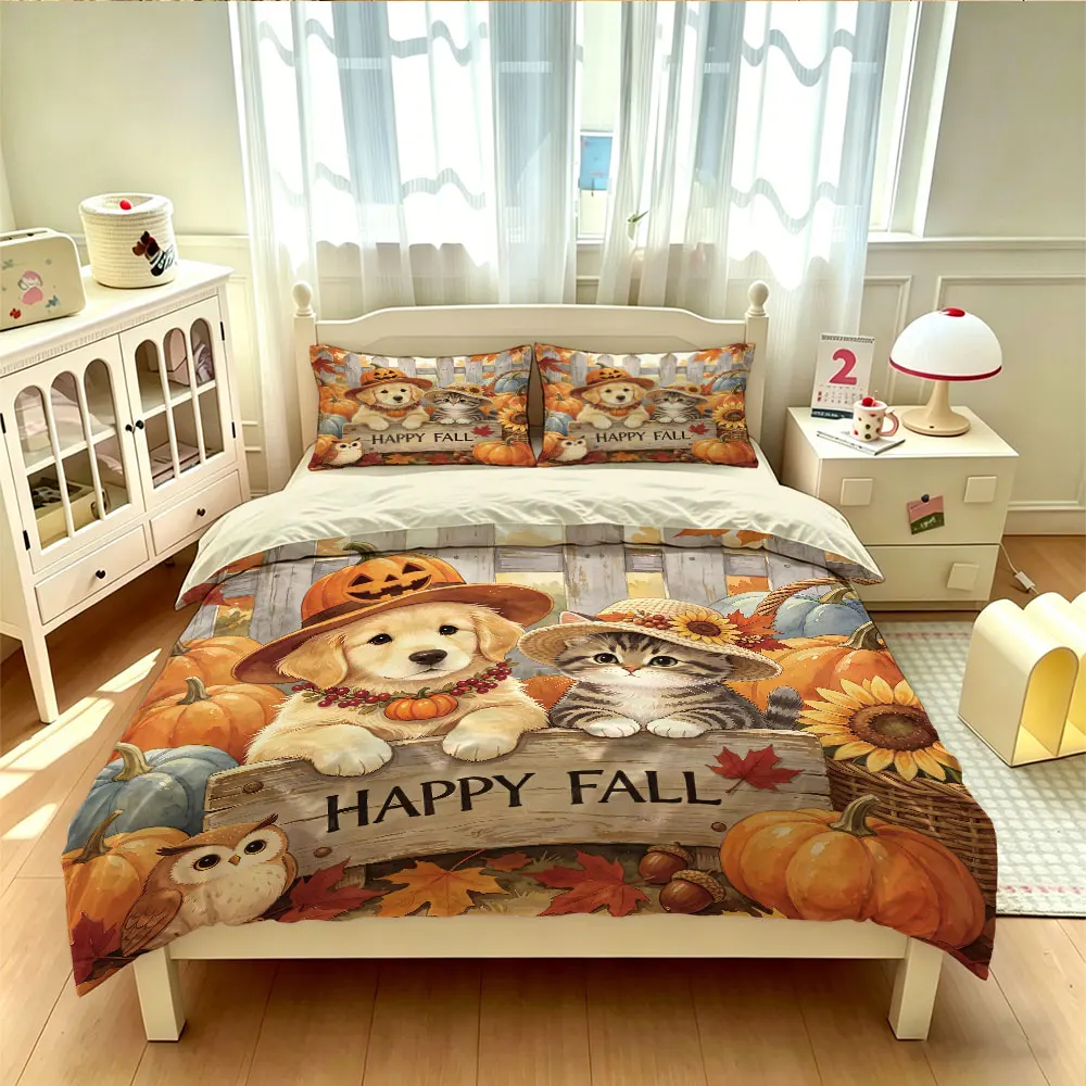 3pcs(1 duvet cover + 2 pillowcases, coreless)HAPPY FALL pumpkin cat dog sunflower autumn multiple sizes