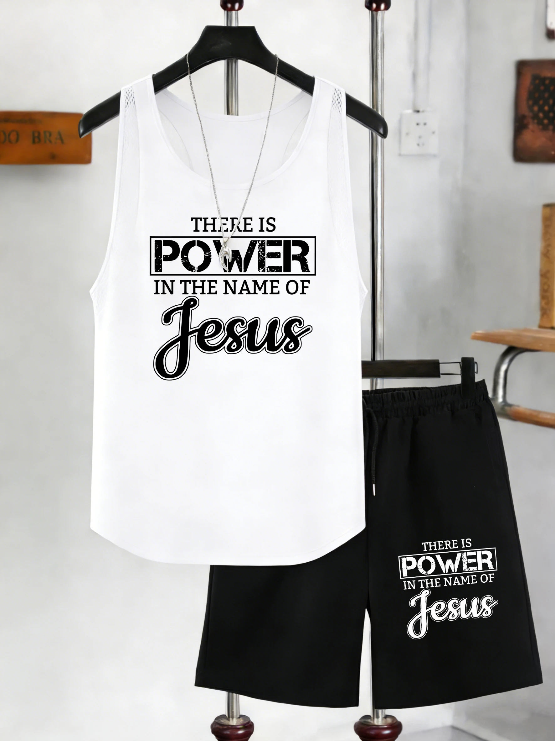 Power In The Name Of Jeasus Print Vest Suits Man Slim Sleeveless Mesh Tank Tops Casual Wide-Leg Shorts Drawstring Summer Pants