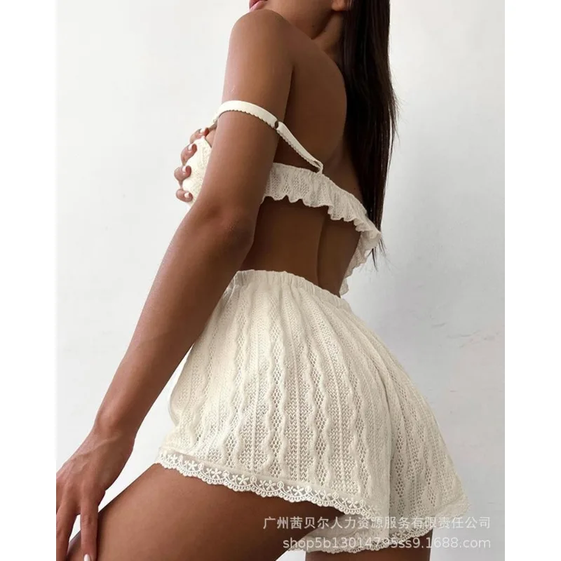 Casual Shorts Spaghetti-Strap Vest Shorts Ladies Y2K Lace Pajamas Sets Women Summer Homwear Camis Tops Home Leisure Suit