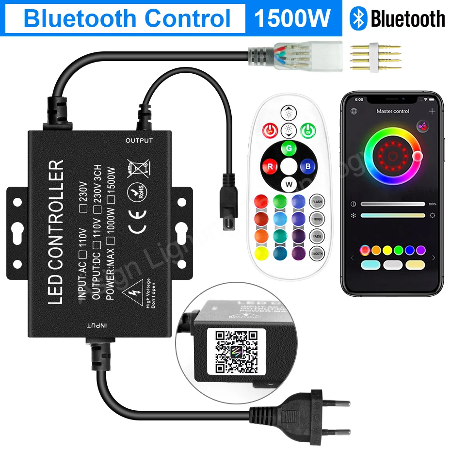 220V LED Neon Strip Controller 750W 1500W 4 Pin Neon Strip Dimmable Remote /Bluetooth/ Tuya WiFi APP for 5050 RGB Strip Light