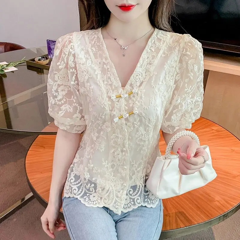 2023 New Summer New Chinese Button Lace Embroidered V-neck Short Sleeve Chinoiserie Style Fashionable Waist Closing Blouse