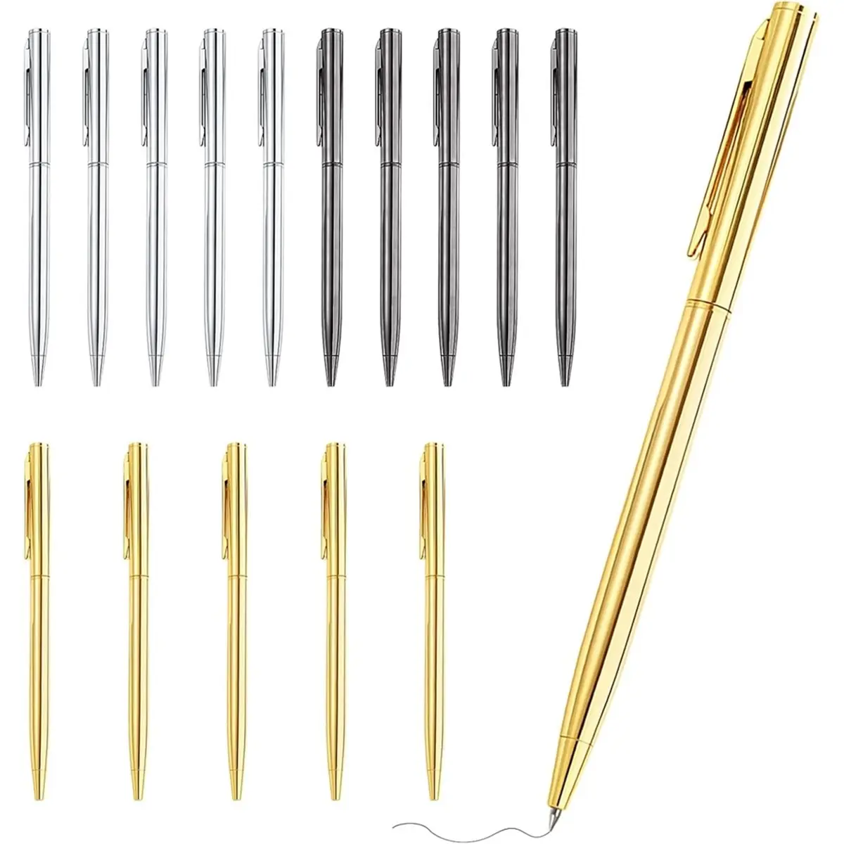 【New User-Coupon!】15Pcs Ballpoint Pens(Gold, Silver & Gray), Black Ink Medium Point, Smooth Writing Metal Pen Bulk