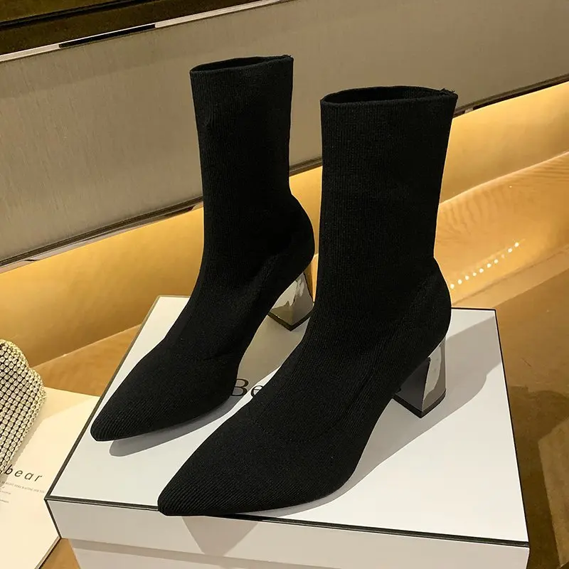 2022 Spring and Autumn New Woven Black Women Boots Thick Heel Mid-tube Women\'s Fashion Elastic Pointed Toe Fashion Boots