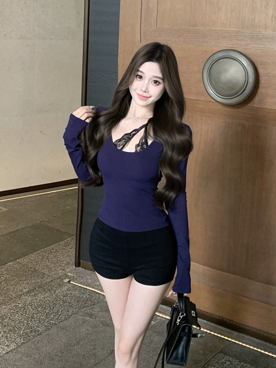 Sexy Pure Desire Lace Design Sensual Long Sleeve Short Top Women's Slim Fit Waist Cinching Chest Enhancing Fake Two-Piece T-S...