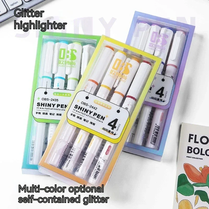 4pcs Cute Highlighter Pen Art Morandi Color Softness Fluorescent Glitter Marker Kawaii Stationery 7mm School Japanese Stationery